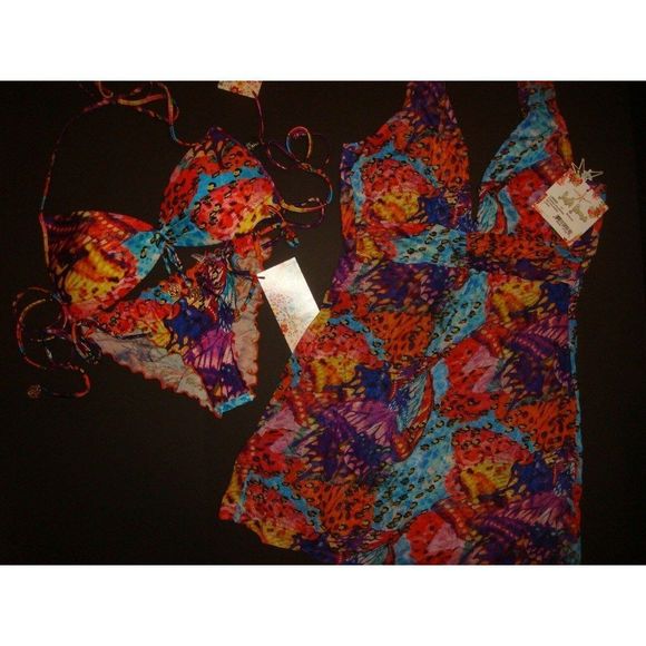 NWT Luli Fama BIKINI+cover up/dress CUBANA PELIGROSA BLUE orange purple M/L